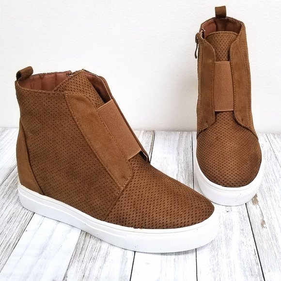 New Tan Perforated Hidden Wedge High Top Sneakers - Picture 1 of 5